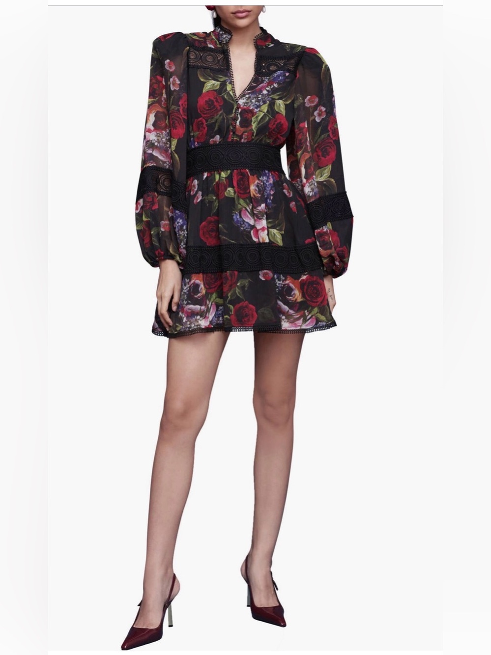 Avec Les Filles Black Mini Dress with Red & Green Floral Print